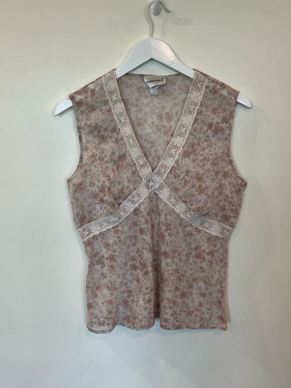 Vintage Fashion Bug Babydoll Tank Top Floral Lace Cotton Medium Tan V Neck Sheer
